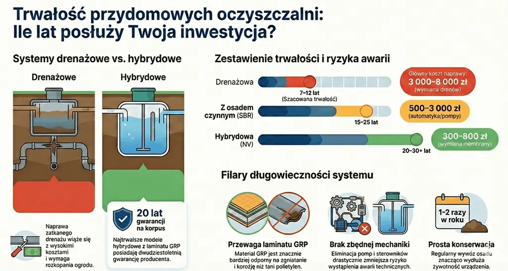 infografika Ile wytrzymuje przydomowa oczyszczalnia